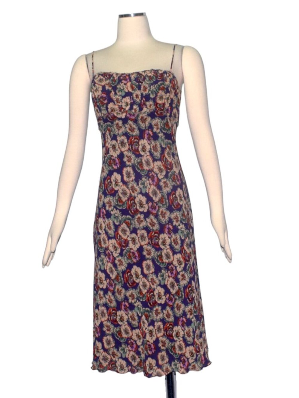 Vintage A.B.S. Allen Schwartz Purple Floral Print Slip Dress Ruffle Midi S M